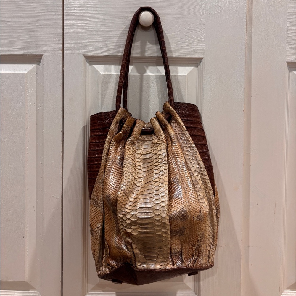 Nancy Gonzalez Brown and Tan Snakeskin Shoulder Bag